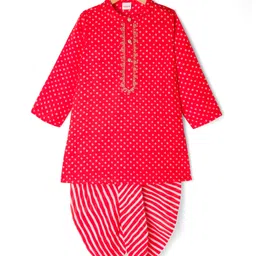 Babyhug Cambric Woven Full Sleeves Kurta Dhoti Set with Angarakha Foil Print - Red-picture-22