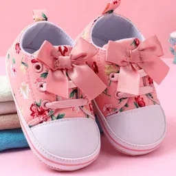Babyoye Slip On Booties with Floral Print & Bow Applique - Pink-picture-22