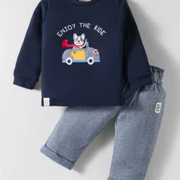 Ollypop Interlock Knit Full Sleeves T-Shirt & Lounge Pant Set With Racoon Patch & Embroidery - Navy Blue & Light Blue-picture-11