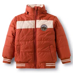 Babyhug Woven Full Sleeves Hooded Padded Jacket with Patch Detailing - Brown image 2