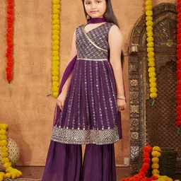 Aarika Georgette Sleeveless Sequins & Gota Lace Embellished Kurta Sharara With Dupatta Set - Purple image 4