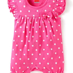 Babyhug Interlock Knit Half Sleeves Rompers With Floral & Polka Dot Print Pack of 2 - Dark Pink & Light Green image 4
