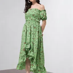 OOMPH! FACTOR Women Floral Print Off-Shoulder Puff Sleeve Crepe Fit & Flare Maxi Dress-image-11