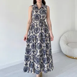 MANOJAVA Women Ethnic Motifs Printed Belted Tiered Shirt Collar Fit & Flare Maxi Dress-picture-24