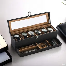 homestic Premium Faux Leather 6 Slots Wrist Watch Organiser | Brown & Golden Watch Box-picture-19