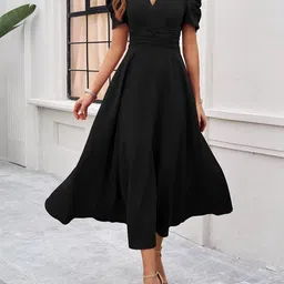 KPOP Women Puff Sleeve Fit & Flare Midi Dress-picture-24