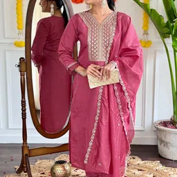 LIVIX Women Ethnic Motifs Embroidered Regular Thread Work Chanderi Silk Kurta with Churidar & With Dupatta image 3