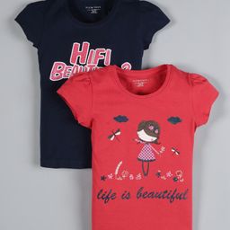 Plum Tree Short Sleeves Pack Of 2 Life Is Beautiful Print T-Shirt - Red & Navy-picture-3