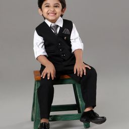 Robo Fry 3 Piece Full Sleeves Party Suit With Tie - Black White (Brooch Colour May Vary))-picture-1
