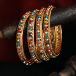 Anouk Set of 4 Multi Colored Stones Gold Plated Bangles-image-20