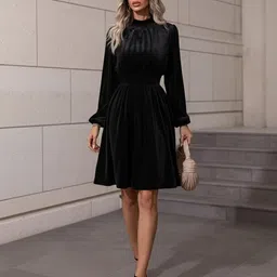 DressBerry Glam Women Mock Neck Puff Sleeves Fit & Flare Dress-image-39