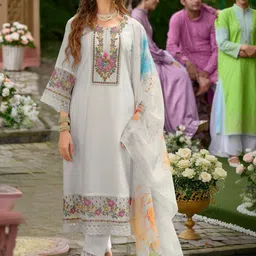 Indo Era Women Floral Embroidered Regular Thread Work Liva Kurta with Trousers & With Dupatta-picture-20