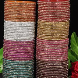 ZULKA Set of 96 Golden Zircon Stone Fancy Glass Bangles-picture-50