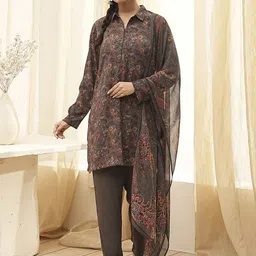 Biba Floral Printed Shirt Collar Kurta With Trouser And Dupatta-picture-29