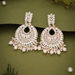 Lyriss Gold Plated Artificial Stone Studded & Beaded Crescent Shaped Drop Earrings-picture-34