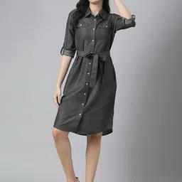Tripursundari Fashion Roll-Up Sleeves Belted Denim Shirt Dress-image-89