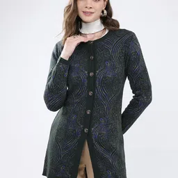 Monte Carlo Women Abstract Self Design Round Neck Ribbed Cardigan Sweater-picture-48