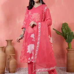 Sangria Women Ethnic Motifs Embroidered Regular Pure Cotton Kurta with Trousers & Dupatta-picture-21