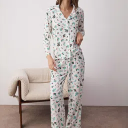Trendyol Women Printed Lapel Collar Shirt & Pyjamas Pure Cotton Night suit-picture-18