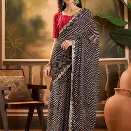 Sangria Striped Printed Pure Chiffon Saree With Embellished Sequined Border-picture-10