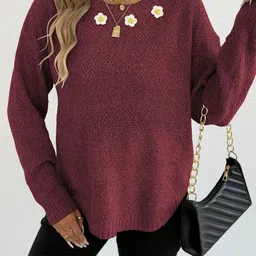 StyleCast x Revolte Women Open Knit Self Design Round Neck Applique Pullover image 5