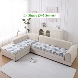 HOKIPO LiefNest Blue 2 Pcs Printed Holland Velvet L Shape 5 Seater Sofa Cover & Filling-image-6