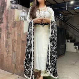 KALINI Floral Embroidered Beads and Stones Scoop Neck Kurta With Trousers And Dupatta-image-16