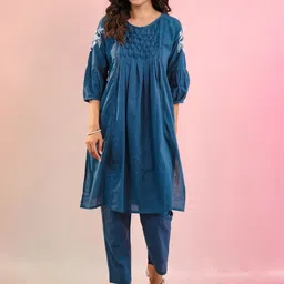 MISRI Women Solid Cotton A-Line Kurta with Trousers-image-49