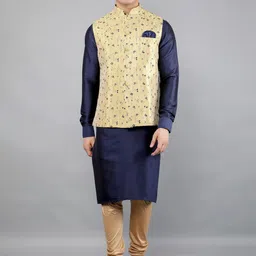 Manish Creations Mandarin Collar Jacquard Straight Kurta With Churidar And Nehru Jacket-picture-25