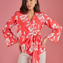 DressBerry Floral Print Bell Sleeve Crepe Wrap Top-image-71