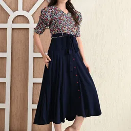 SHINISHA Women Floral Printed Puff Sleeve Fit & Flare Midi Dress image 2