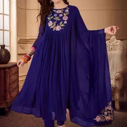 DIVASTRI Floral Yoke Design Pleated Thread Work Anarkali Kurta With Trousers & Dupatta-picture-41