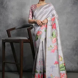 HERE&NOW Floral Printed Tussar Saree With Blouse Piece-picture-20