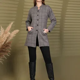 Clora Creation Women Checked Woollen Longline Cardigan with Button Detail image 2