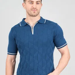 FEVERFEW Self Design Polo Collar Regular Fit Cotton T-shirt-image-36