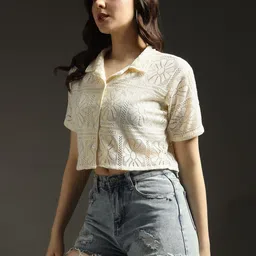 emeros Textured Self Design Lace Lapel Collar Net Shirt Style Crop Top image 5