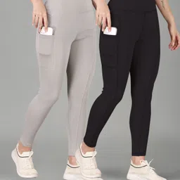 poojaran Solid Women Black, Grey Tights image 3