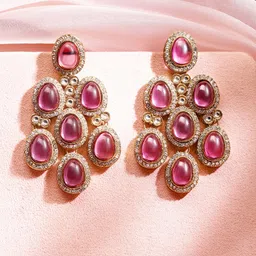 rubans 22K Gold-Plated Rose Pink Oval Stone & Cubic Zirconia Studded Chandelier Brass Chandbali Earring image 1