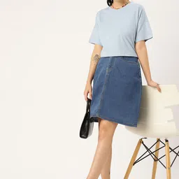 DressBerry Blue Solid Casual Denim Straight Skirt-picture-41