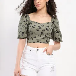 SZN Floral Printed Sweetheart Neck Puff Sleeves Crop Top-picture-34