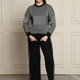 Numalo Women Woven Design Round Neck Sweater With Trousers Co-Ords-image-8