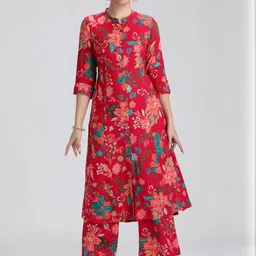 COTTON CULTURE Floral Printed Mandarin Collar A-Line Kurta With Palazzo image 4