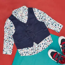 Pantaloons Baby Full Sleeves Seamless Floral Printed Shirt With Waistcoat - White-image-56