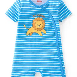 Babyhug 100% Cotton Knit Half Sleeves Romper With Striped & Lion Print - Blue-picture-11