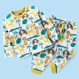 Babyhug Cotton Knit Full Sleeves Night Suit With Animals Print - Yellow & White-picture-22