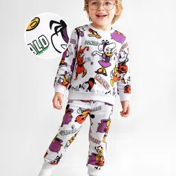 babyhug disney Babyhug DisneyTerry Knit Full Sleeves T-Shirt & Lounge Pants Set With Mickey Mouse & Friends Graphics - White-picture-11