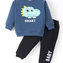 Kookie Kids Cotton Knit Full Sleeves Winter Wear Suit With Baby Dino Applique - Blue-image-19