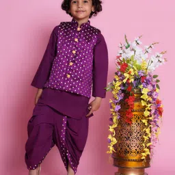 Little Bansi Cotton Full Sleeves Floral Foil Embroidered Kurta With Nehru Jacket & Dhoti - Purple-image-89