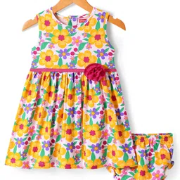 Babyhug Single Jersey Knit Floral Printed Sleeveless Frock with Bloomer & Floral Applique - Yellow-picture-14
