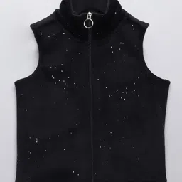 Taffykids Velvet Sleeveless Beads Embellished Zip Up Jacket - Black image 1